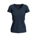 A navy women's t-shirt with a V-neck design, featuring short sleeves and a fitted silhouette. A navy women's t-shirt with a V-neck design, featuring short sleeves and a fitted silhouette.