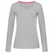 A grey women's long sleeve t-shirt with a V-neck, featuring a contrasting inner neckline and a logo. A grey women's long sleeve t-shirt with a V-neck, featuring a contrasting inner neckline and a logo.