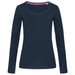 A navy long sleeve women's t-shirt with a V-neck design and a contrasting inner neckline. It features a logo. A navy long sleeve women's t-shirt with a V-neck design and a contrasting inner neckline. It features a logo.