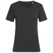 A black women's crew neck t-shirt with short sleeves and a relaxed fit, featuring a subtle branding tag. A black women's crew neck t-shirt with short sleeves and a relaxed fit, featuring a subtle branding tag.