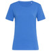 A blue women's crew neck t-shirt with short sleeves and no visible logos or branding. A blue women's crew neck t-shirt with short sleeves and no visible logos or branding.