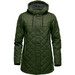 A women's quilted puffer jacket in dark green with a hood and a checkered lining, featuring a logo. A women's quilted puffer jacket in dark green with a hood and a checkered lining, featuring a logo.