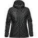 A women's rain jacket in black, featuring a hood and zippered pockets, with a logo on the front. A women's rain jacket in black, featuring a hood and zippered pockets, with a logo on the front.
