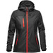 A women's rain jacket in black with red zippers and accents, featuring a hood and multiple pockets. A women's rain jacket in black with red zippers and accents, featuring a hood and multiple pockets.