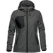 A women's rain jacket in dark grey with a black chest pocket and a hood. It features a logo on the side. A women's rain jacket in dark grey with a black chest pocket and a hood. It features a logo on the side.