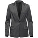 A grey women's blazer with a single button, featuring a striped interior and two front pockets. A grey women's blazer with a single button, featuring a striped interior and two front pockets.