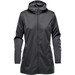 A women's softshell jacket in black, featuring a hood and zip closure, with side pockets and a logo. A women's softshell jacket in black, featuring a hood and zip closure, with side pockets and a logo.