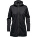 A women's softshell jacket in black with a zip front and hood. It features side pockets and has a branded logo. A women's softshell jacket in black with a zip front and hood. It features side pockets and has a branded logo.
