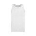 A plain white men's tank top with a round neckline and a small logo at the neck. A plain white men's tank top with a round neckline and a small logo at the neck.