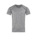 A grey short-sleeved T-shirt made from recycled materials, featuring a logo. A grey short-sleeved T-shirt made from recycled materials, featuring a logo.