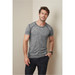 A grey marled men's T-shirt with contrasting seams, featuring a logo on the chest, paired with black trousers. A grey marled men's T-shirt with contrasting seams, featuring a logo on the chest, paired with black trousers.