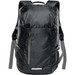 A black backpack featuring adjustable straps, multiple compartments, and a branding logo. Ideal for everyday use.