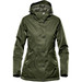 A women's thermal jacket in dark olive green, featuring a hood and front pockets, with a logo present. A women's thermal jacket in dark olive green, featuring a hood and front pockets, with a logo present.