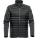 A men's hybrid jacket in dark grey with a quilted front and knit sleeves. Features a full zip and two side pockets.