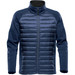A navy blue hybrid jacket featuring a quilted front and fleece-like sleeves, with a zip and two side pockets.