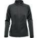 A women's jacket in dark grey with a textured pattern and zippered front, featuring two side pockets.