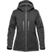 A women's jacket in dark grey with a hood, featuring multiple zippered pockets and a sleek design.