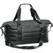 A black quilted duffle bag with padded sections, featuring handles and a detachable strap, includes a logo. A black quilted duffle bag with padded sections, featuring handles and a detachable strap, includes a logo.