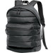 A quilted backpack in dark green with padded compartments and adjustable straps, featuring a front zip pocket and a logo. A quilted backpack in dark green with padded compartments and adjustable straps, featuring a front zip pocket and a logo.