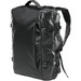 A black backpack with multiple compartments and straps, featuring a logo on the front. A black backpack with multiple compartments and straps, featuring a logo on the front.
