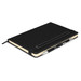 A black notebook with a pen attached, featuring a sleek design and elastic closure.