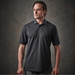A man's charcoal grey polo shirt with a classic collar and short sleeves, featuring a logo on the chest.