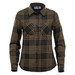 A women's button-up long sleeve shirt featuring a black and brown plaid pattern. The shirt has a logo and chest pockets.