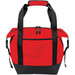 A red cooler bag with black straps features two zippered compartments and a sturdy base. It has a logo on it. A red cooler bag with black straps features two zippered compartments and a sturdy base. It has a logo on it.