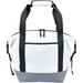 A cooler bag featuring a white body with black straps and accents, designed for portable storage. A cooler bag featuring a white body with black straps and accents, designed for portable storage.