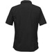 A black women's button-up shirt featuring a short sleeve design and a logo.