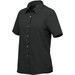 A black women's button-up shirt with a collar and short sleeves, featuring a button front and branding.