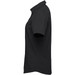 A black women's button-up shirt with a collar and short sleeves. It features a logo on the design.
