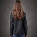 A women's long-sleeve button-up shirt in dark grey, featuring a relaxed fit and a back view with flowing hair.