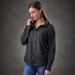 A button-up, long-sleeve women's shirt in dark grey, featuring a collar and a logo.