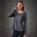 A long-sleeve women's tee in dark grey with a relaxed fit and crew neckline, featuring a logo on the garment.