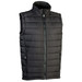 A black unisex puffer vest with a high collar, featuring zippered pockets and a front zipper. A black unisex puffer vest with a high collar, featuring zippered pockets and a front zipper.