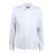 A button-up shirt in white, featuring a collar and long sleeves, with a logo on the chest.