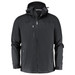 A black men's rain jacket featuring a hood and zippered pockets, with a logo on the front. A black men's rain jacket featuring a hood and zippered pockets, with a logo on the front.