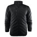 A black men's quilted jacket with a high collar and zippered pockets. It features a logo on the chest. A black men's quilted jacket with a high collar and zippered pockets. It features a logo on the chest.