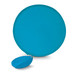 A round, collapsible fan with a matching pouch, both in a bright turquoise color.