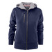 A navy women's hoody with a grey interior, featuring a zip closure and pockets, and a logo on the front.