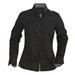 A black button-up blouse with a tailored fit and long sleeves, featuring a logo on the collar.
