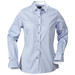 A light blue button-up women's blouse with a collar and button details, featuring long sleeves and a logo.