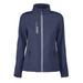 A women's softshell jacket in navy blue with zippered pockets and a branded logo.