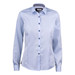 A light blue button-up women's shirt with dark buttons and a checked pattern inside the collar. It features a logo. A light blue button-up women's shirt with dark buttons and a checked pattern inside the collar. It features a logo.