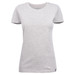 A light grey women's crew neck t-shirt featuring a fitted design and a logo at the hem.