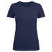A navy blue women's crew neck tee, featuring short sleeves and a simple design, with a logo on the side.