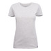 A light grey women's crew neck t-shirt with short sleeves and a logo at the hem.