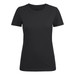 A black women's crew neck t-shirt featuring a fitted style and short sleeves. It includes a small logo.