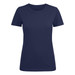 A navy women's crew neck t-shirt featuring short sleeves and a logo on the side.